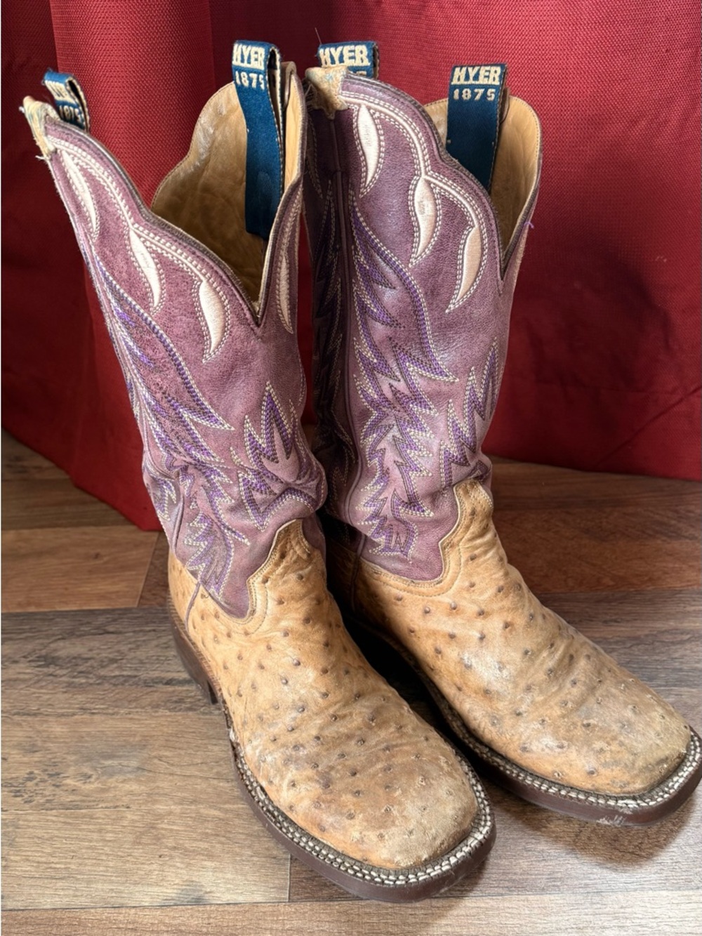 Hyer 1875 Women's Two-Tone Purple and Tan Ostrich Heeled Boots